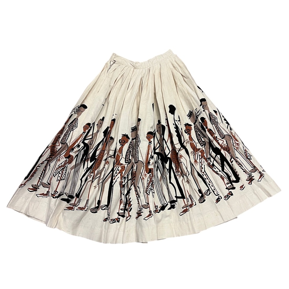 Vintage 1950s Novelty Print Skirt Pleated Jazz Figures Art Deco Style